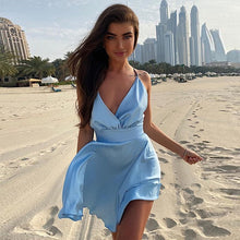 Load image into Gallery viewer, Cryptographic Satin Sexy Backless Sleeveless Party Night Club Wrap Mini Dresses Spaghetti Straps Elegant Dress Solid Vestidos