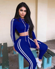 Load image into Gallery viewer, Fitness Casual 2 Piece Set Tracksuit Women Side Striped Hoodies Cropped Tops and Pants Jogger Two Piece Outfits Chandal Mujer