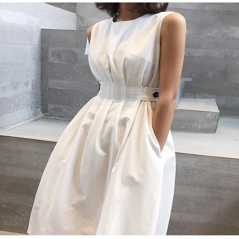 2020 Summer Women Solid White Black Fashion Elegant Casual Party Dress O neck Sleeveless Tank Sundress Female Vestido