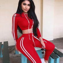 Load image into Gallery viewer, Fitness Casual 2 Piece Set Tracksuit Women Side Striped Hoodies Cropped Tops and Pants Jogger Two Piece Outfits Chandal Mujer
