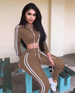 Fitness Casual 2 Piece Set Tracksuit Women Side Striped Hoodies Cropped Tops and Pants Jogger Two Piece Outfits Chandal Mujer